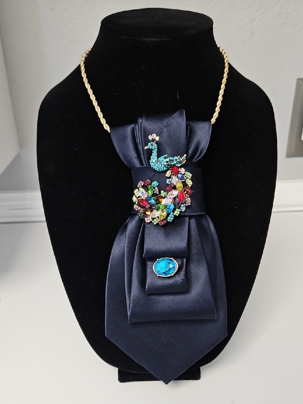 Multicolor Crystal Peacock Brooch on Navy Silk Upcycled Necktie Necklace